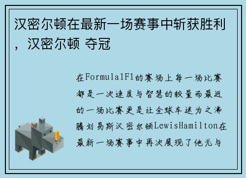 汉密尔顿在最新一场赛事中斩获胜利，汉密尔顿 夺冠
