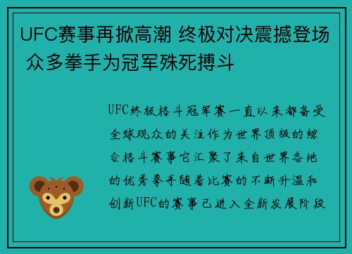 UFC赛事再掀高潮 终极对决震撼登场 众多拳手为冠军殊死搏斗