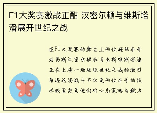 F1大奖赛激战正酣 汉密尔顿与维斯塔潘展开世纪之战